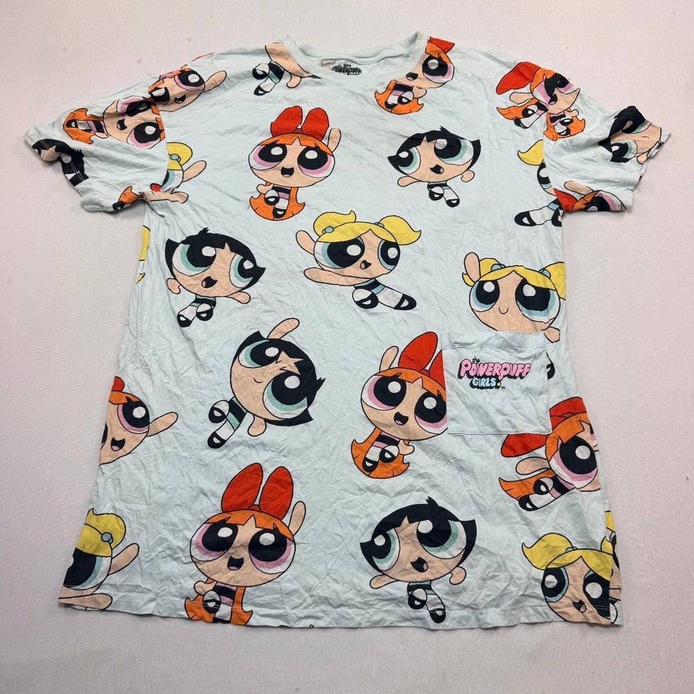 Cartoon Network Powerpuff Girls T-Shirt Women Large Blue AOP Pocket Tee
